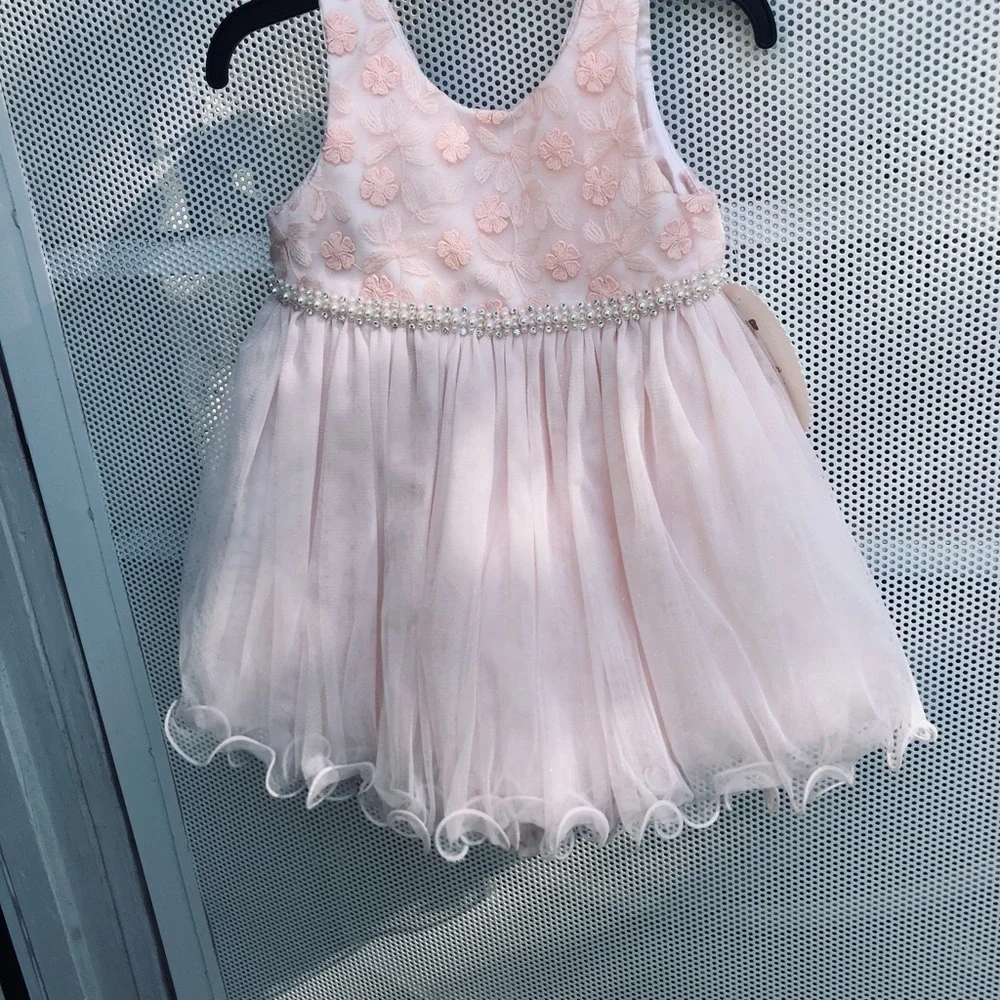 American Princess Light Pink Floral Pearl-Trim Tulle Dress